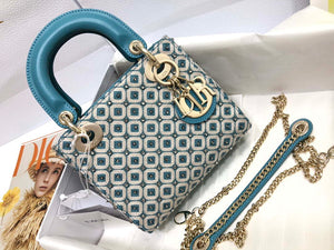 Dior M0505 Mini Dior Lady Bag Blue Metallic Cannage Lambskin with Embroidered Check Beads - Default Title - View 1