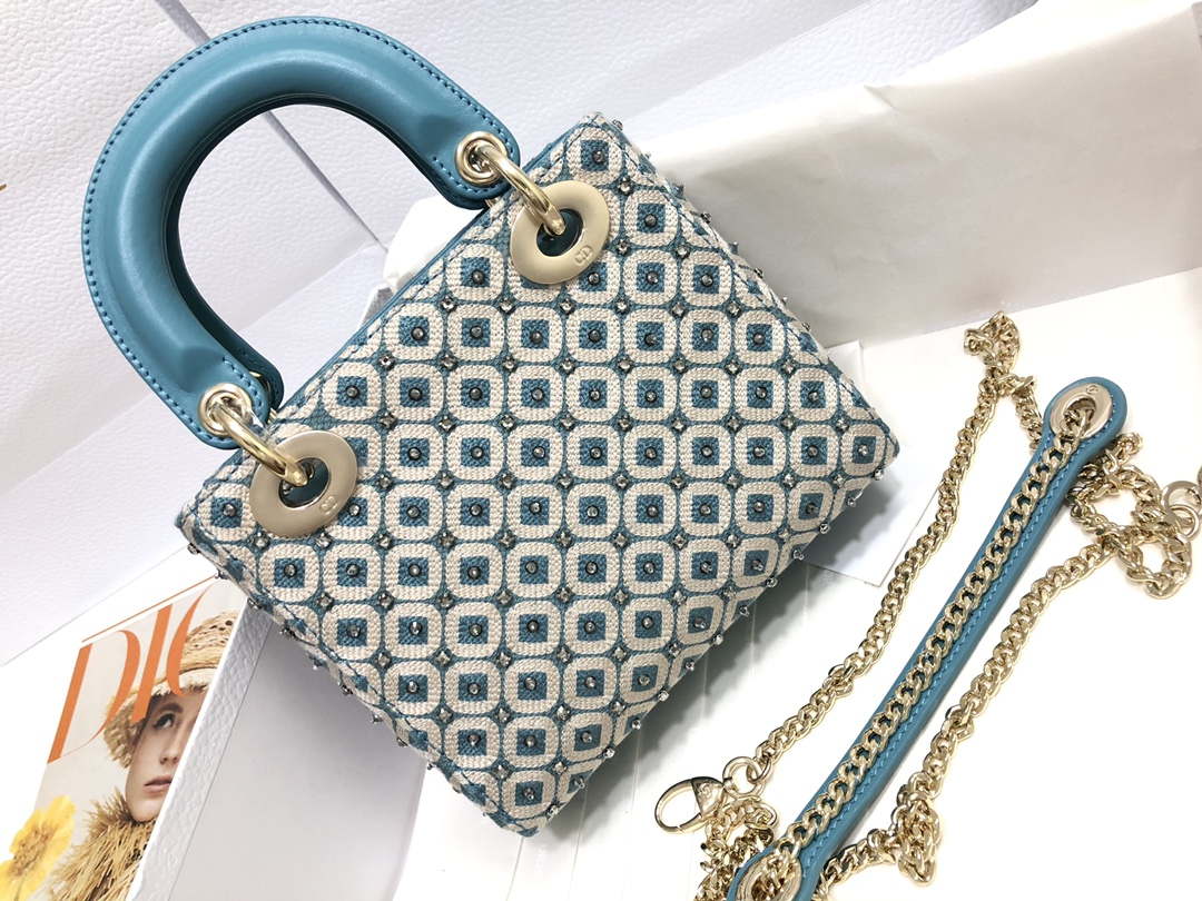 Dior M0505 Mini Dior Lady Bag Blue Metallic Cannage Lambskin with Embroidered Check Beads - Default Title - View 2