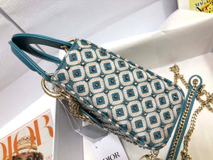 Dior M0505 Mini Dior Lady Bag Blue Metallic Cannage Lambskin with Embroidered Check Beads - Default Title - View 3