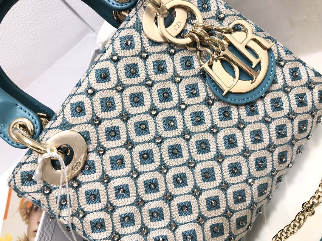 Dior M0505 Mini Dior Lady Bag Blue Metallic Cannage Lambskin with Embroidered Check Beads