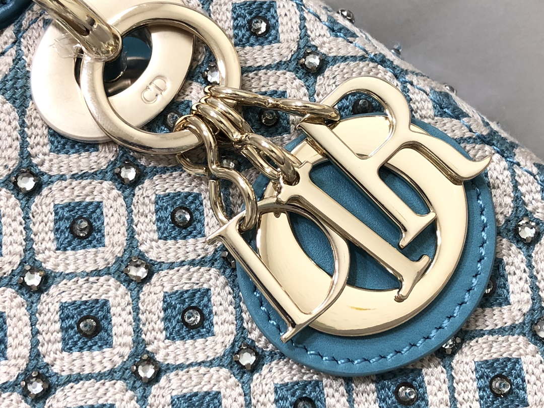 Dior M0505 Mini Dior Lady Bag Blue Metallic Cannage Lambskin with Embroidered Check Beads - Default Title - View 6