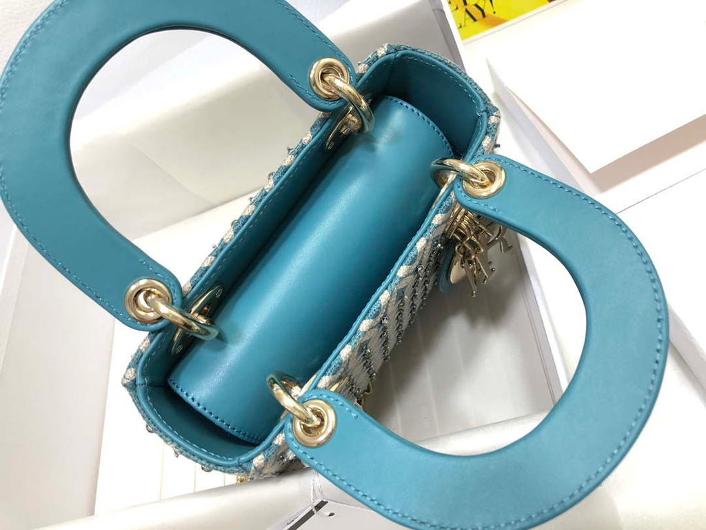 Dior M0505 Mini Dior Lady Bag Blue Metallic Cannage Lambskin with Embroidered Check Beads