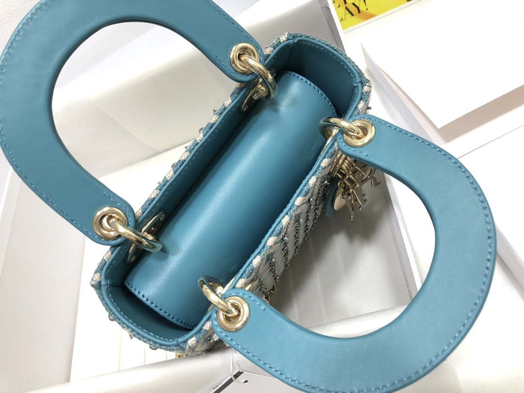 Dior M0505 Mini Dior Lady Bag Blue Metallic Cannage Lambskin with Embroidered Check Beads - Default Title - View 7