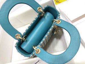 Dior M0505 Mini Dior Lady Bag Blue Metallic Cannage Lambskin with Embroidered Check Beads - Default Title - View 7