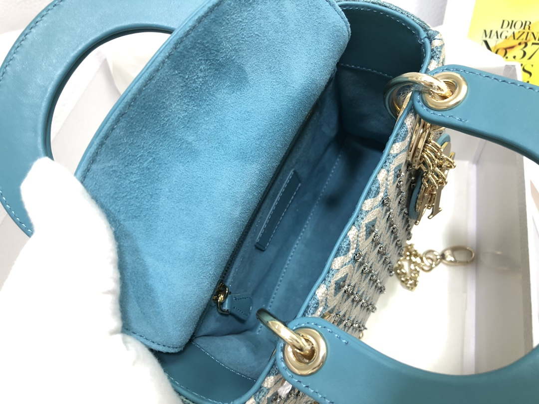 Dior M0505 Mini Dior Lady Bag Blue Metallic Cannage Lambskin with Embroidered Check Beads - Default Title - View 8