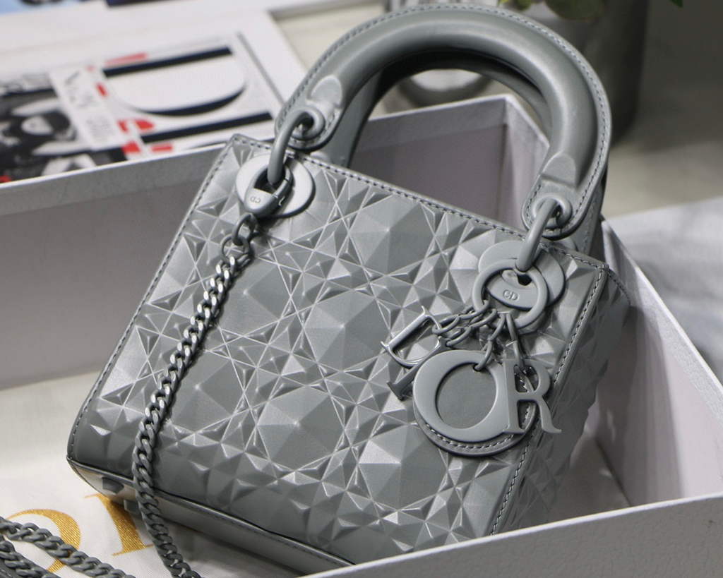 Dior M0505 Mini Dior Lady Bag Grey Cannage Calfskin with Diamond Motif