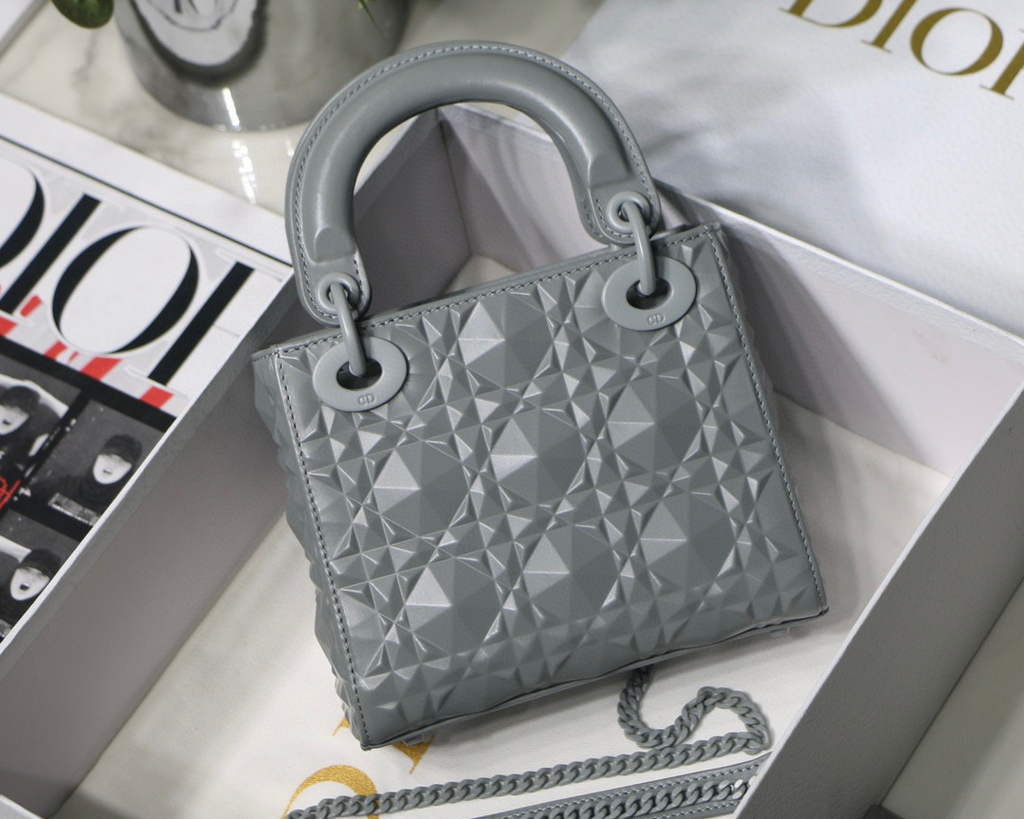 Dior M0505 Mini Dior Lady Bag Grey Cannage Calfskin with Diamond Motif