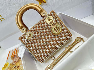 Dior M0505 Mini Dior Lady Bag Gold Embroidered white resin beads - Default Title - View 1