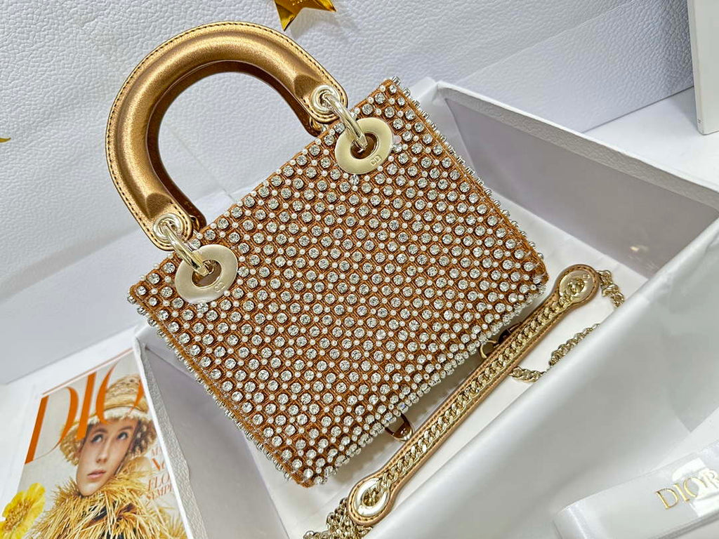Dior M0505 Mini Dior Lady Bag Gold Embroidered white resin beads