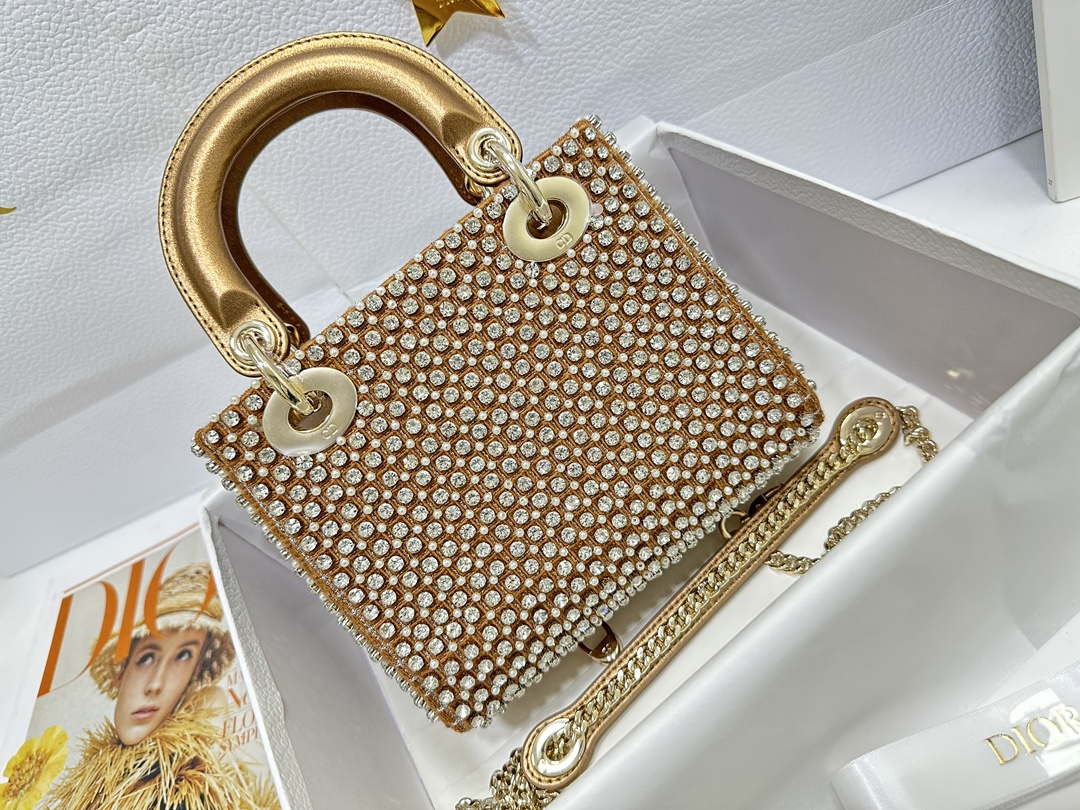 Dior M0505 Mini Dior Lady Bag Gold Embroidered white resin beads - Default Title - View 2