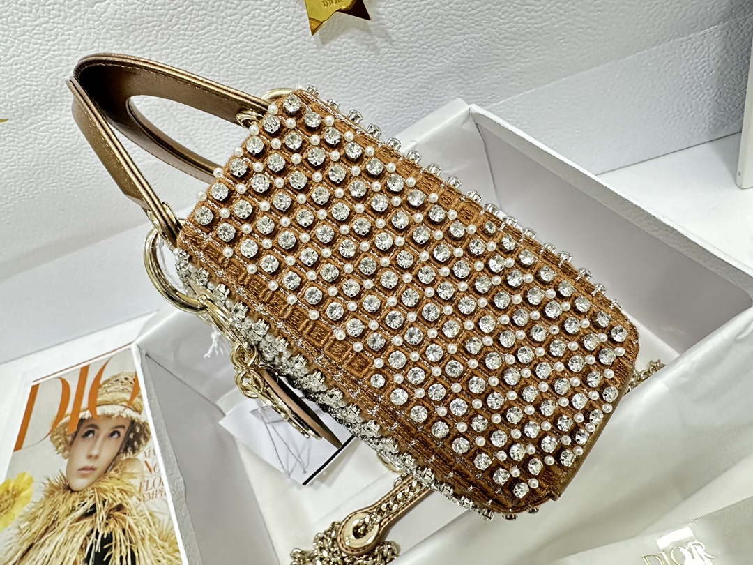 Dior M0505 Mini Dior Lady Bag Gold Embroidered white resin beads - Default Title - View 3