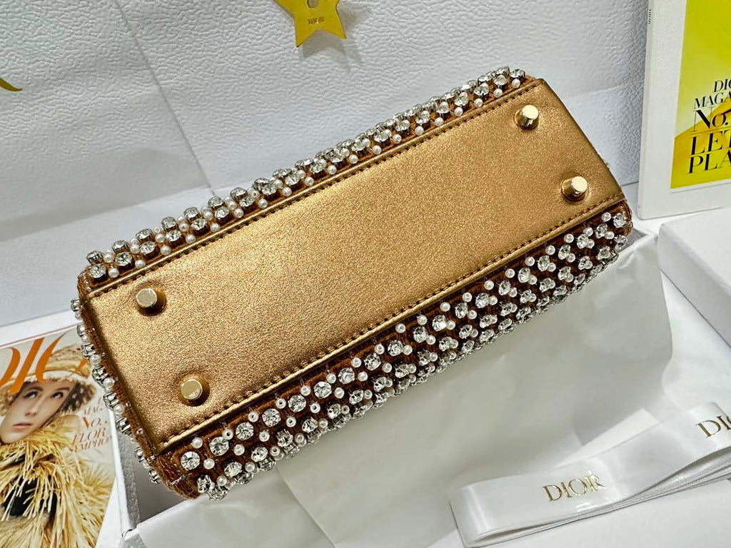 Dior M0505 Mini Dior Lady Bag Gold Embroidered white resin beads