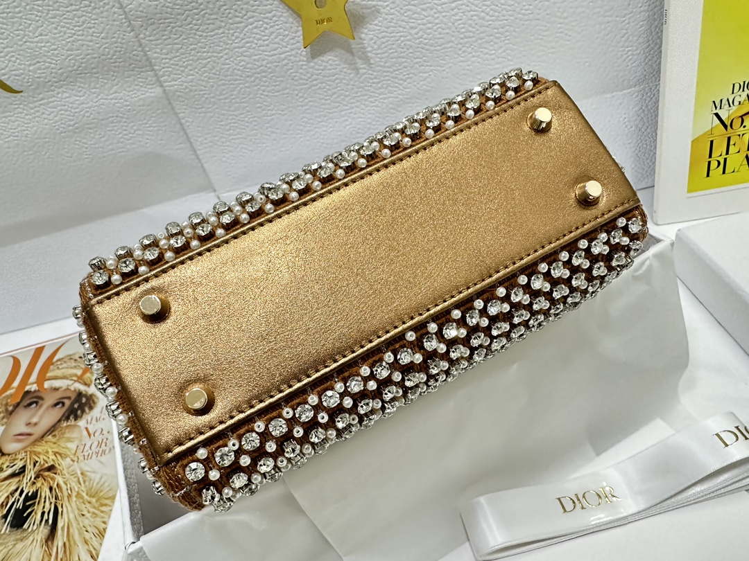 Dior M0505 Mini Dior Lady Bag Gold Embroidered white resin beads - Default Title - View 4