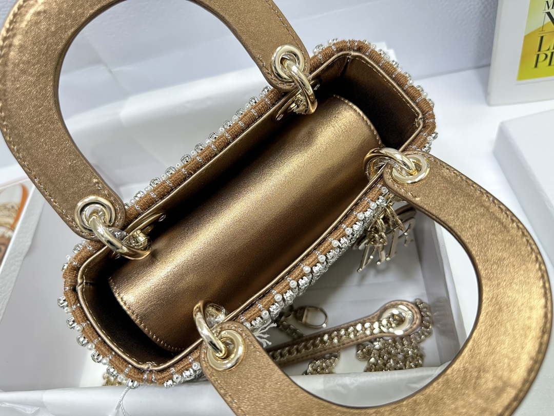 Dior M0505 Mini Dior Lady Bag Gold Embroidered white resin beads