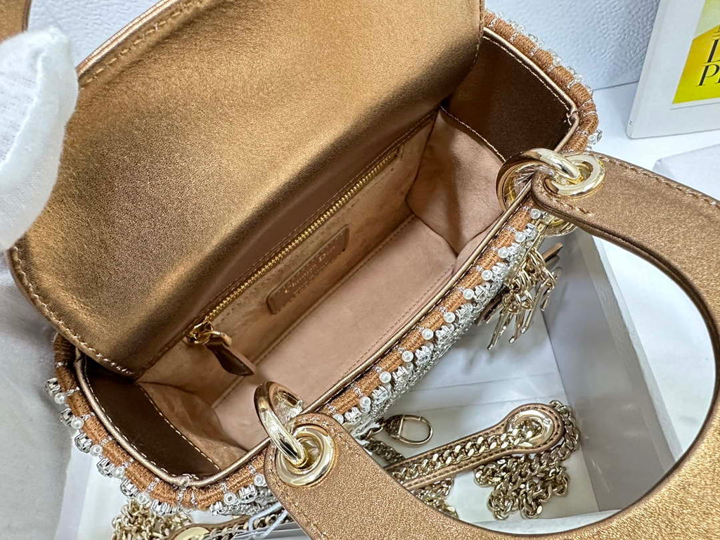 Dior M0505 Mini Dior Lady Bag Gold Embroidered white resin beads