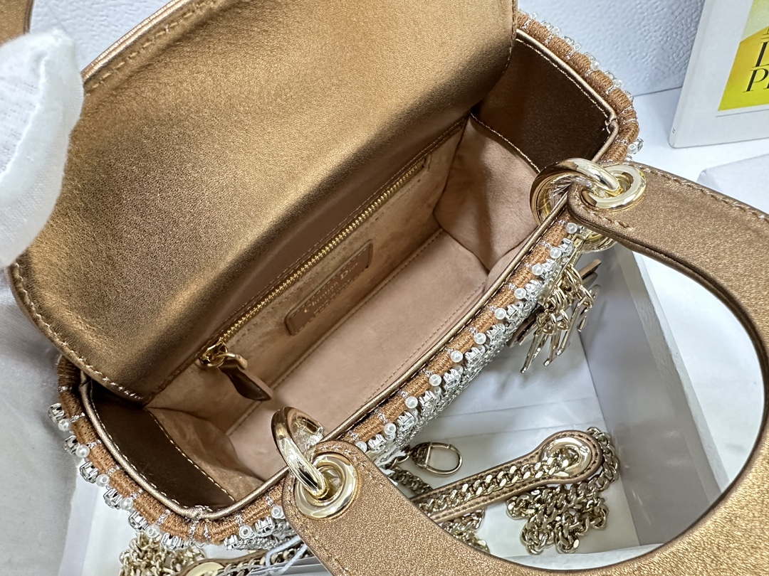 Dior M0505 Mini Dior Lady Bag Gold Embroidered white resin beads - Default Title - View 8