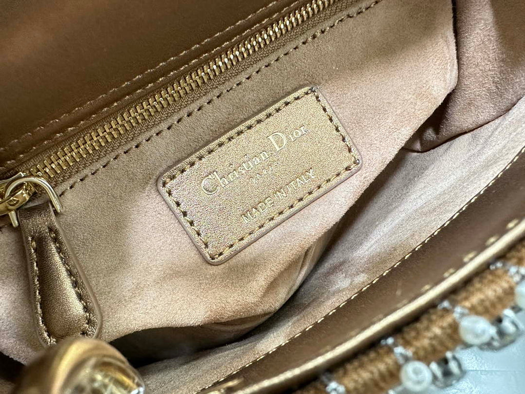 Dior M0505 Mini Dior Lady Bag Gold Embroidered white resin beads