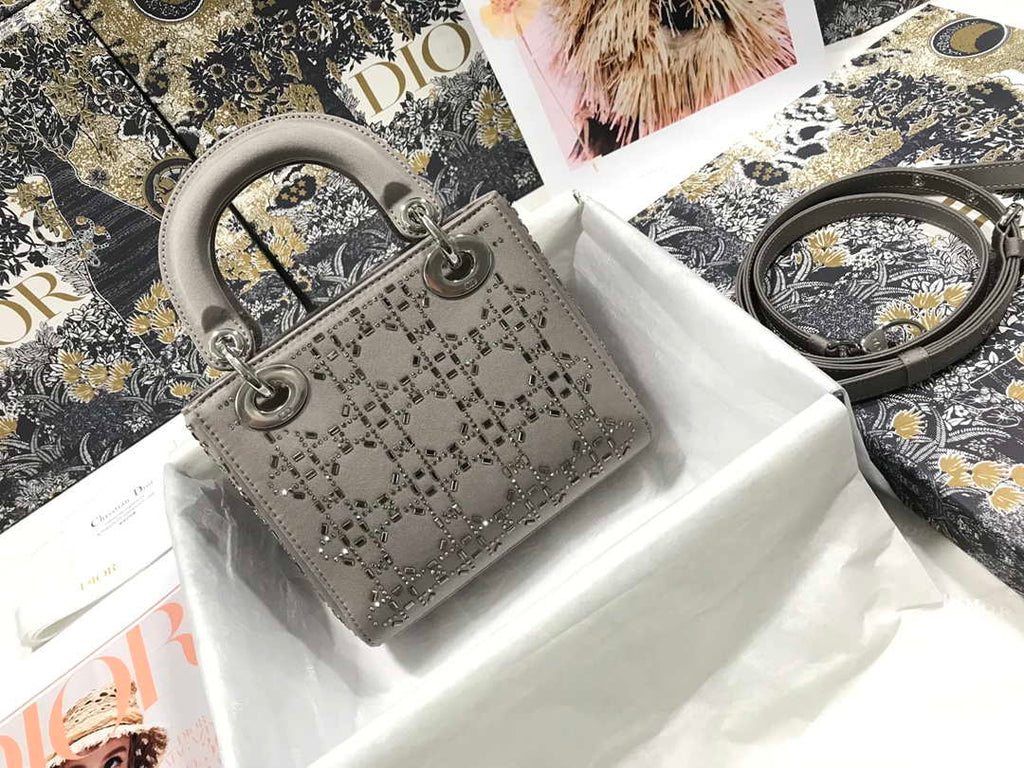 Dior M0505 Mini Dior Lady Bag Gray Metallic Cannage Lambskin with Beaded Embroidery