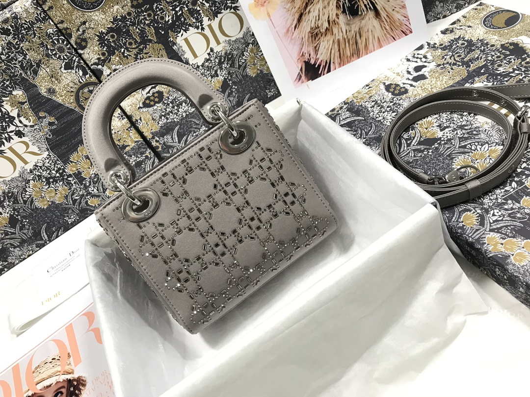 Dior M0505 Mini Dior Lady Bag Gray Metallic Cannage Lambskin with Beaded Embroidery - Default Title - View 2