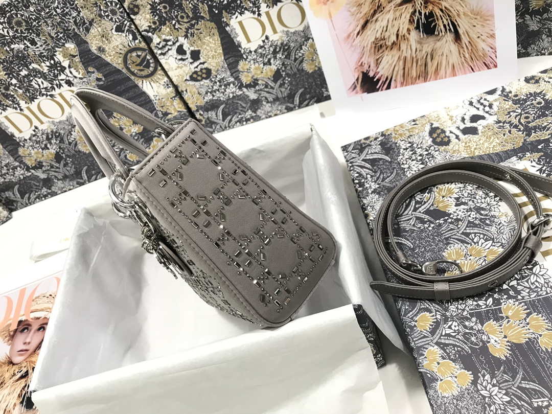 Dior M0505 Mini Dior Lady Bag Gray Metallic Cannage Lambskin with Beaded Embroidery - Default Title - View 3