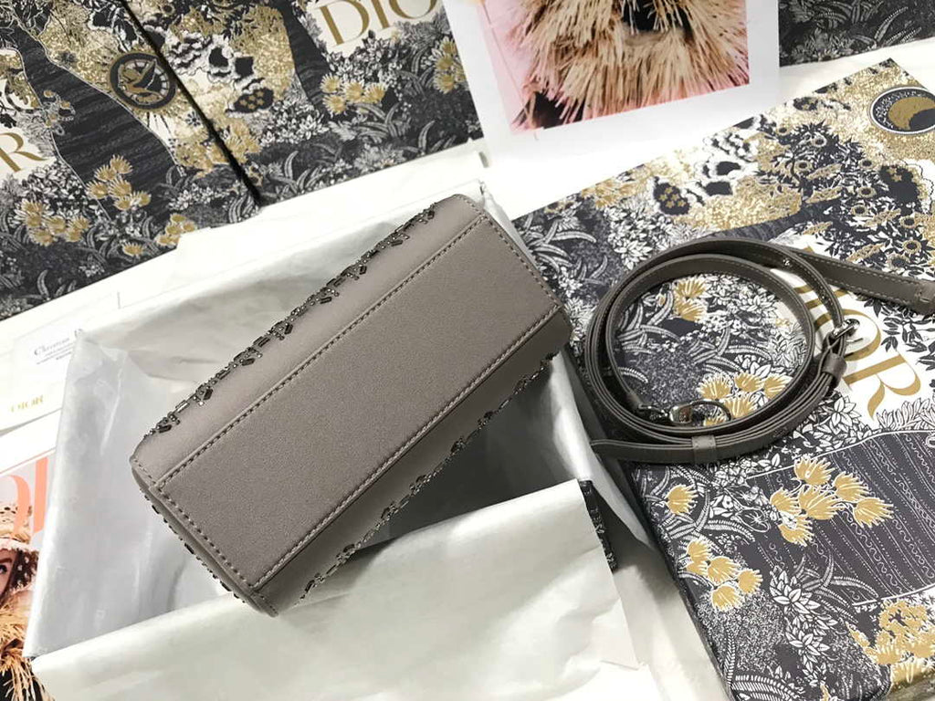 Dior M0505 Mini Dior Lady Bag Gray Metallic Cannage Lambskin with Beaded Embroidery