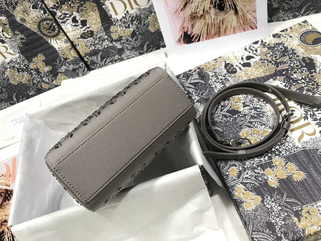 Dior M0505 Mini Dior Lady Bag Gray Metallic Cannage Lambskin with Beaded Embroidery