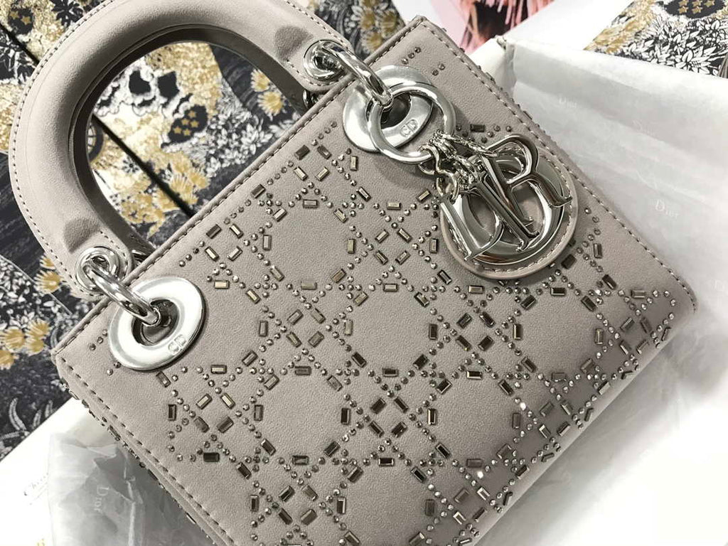 Dior M0505 Mini Dior Lady Bag Gray Metallic Cannage Lambskin with Beaded Embroidery