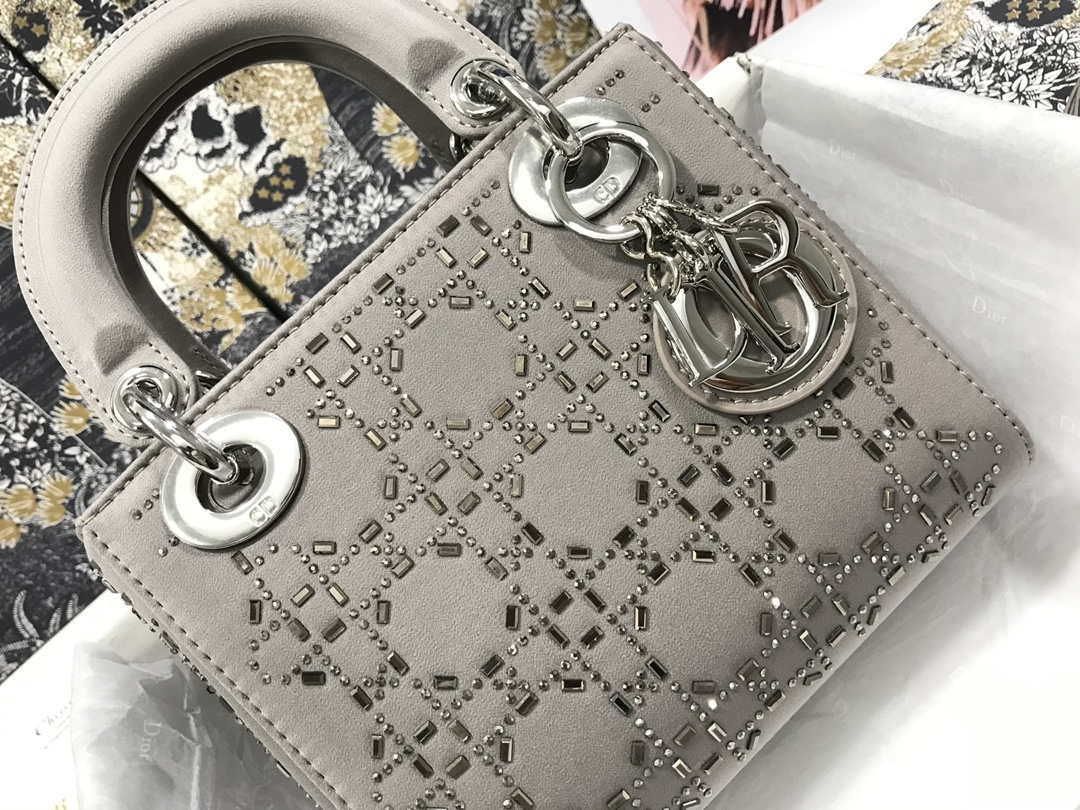 Dior M0505 Mini Dior Lady Bag Gray Metallic Cannage Lambskin with Beaded Embroidery
