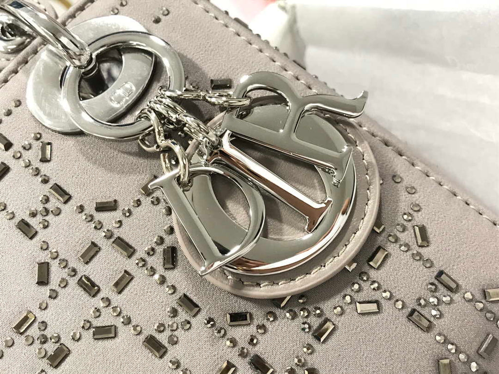 Dior M0505 Mini Dior Lady Bag Gray Metallic Cannage Lambskin with Beaded Embroidery
