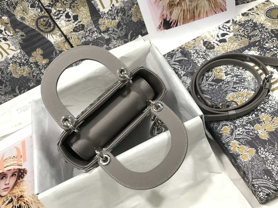 Dior M0505 Mini Dior Lady Bag Gray Metallic Cannage Lambskin with Beaded Embroidery