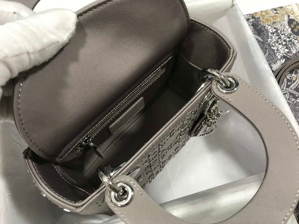 Dior M0505 Mini Dior Lady Bag Gray Metallic Cannage Lambskin with Beaded Embroidery