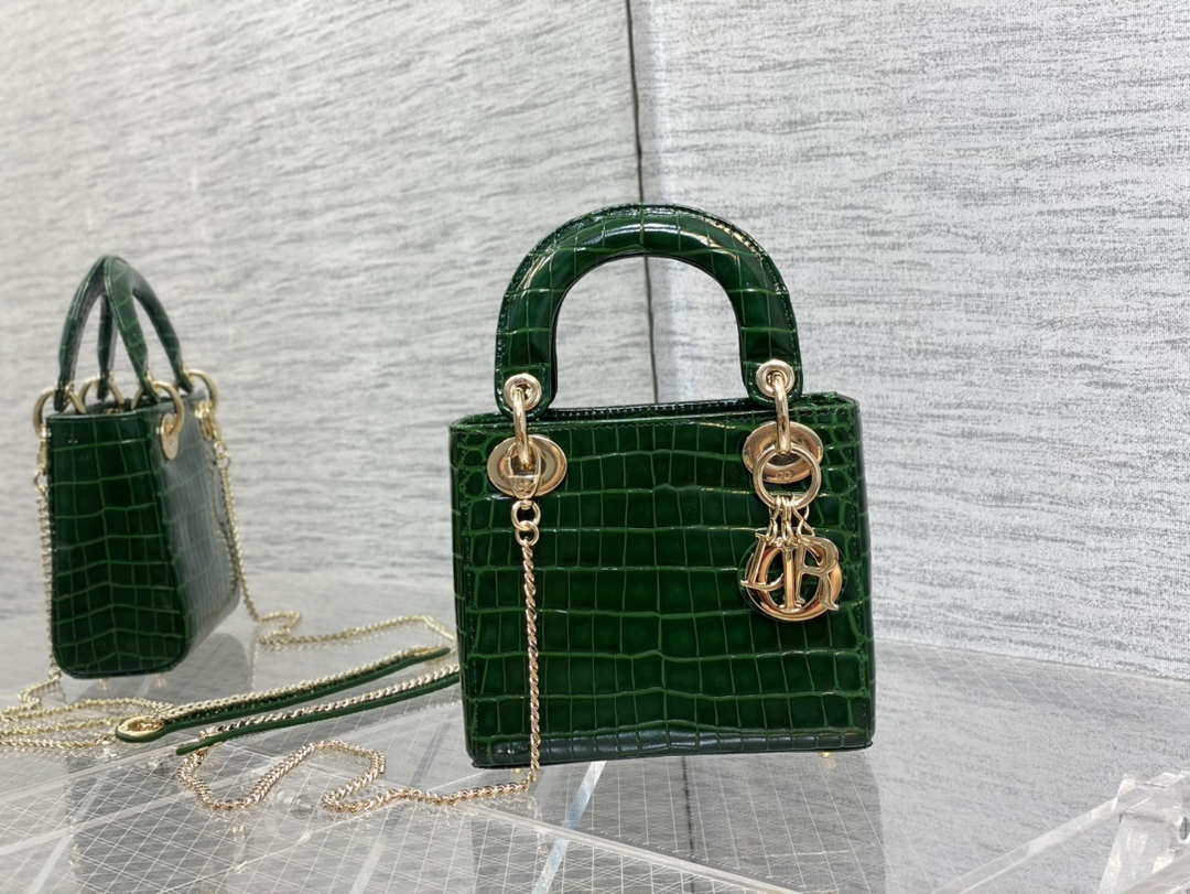 Dior M0505 Mini Dior Lady Bag Green Cannage Crocodile Gold - Default Title - View 1