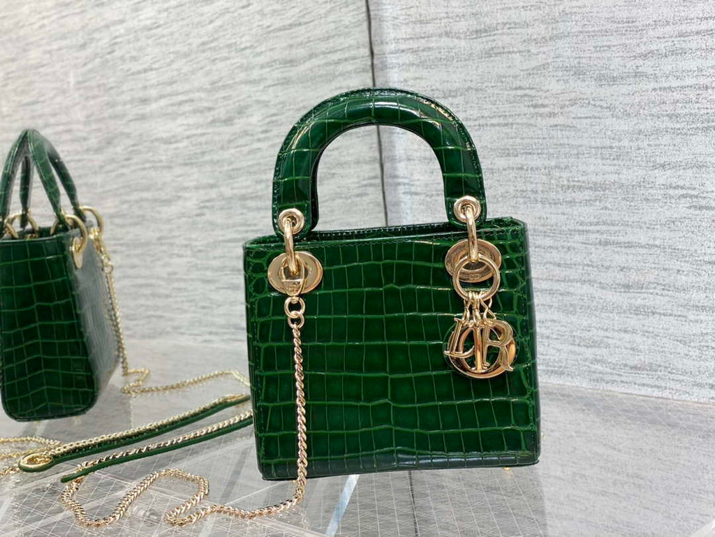 Dior M0505 Mini Dior Lady Bag Green Cannage Crocodile Gold