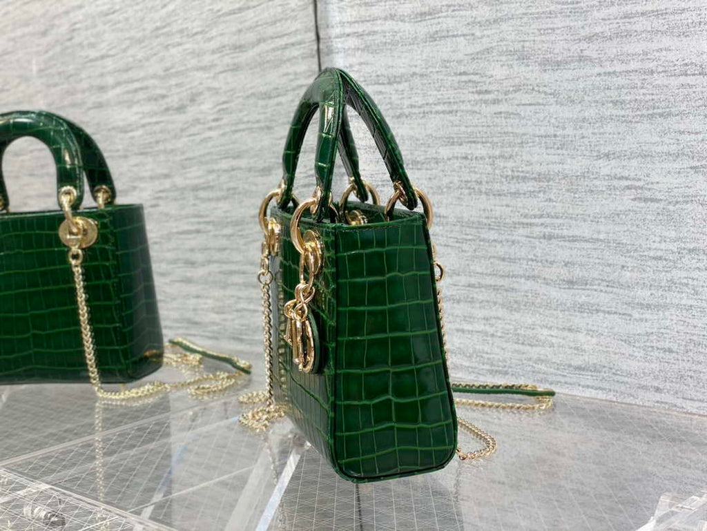 Dior M0505 Mini Dior Lady Bag Green Cannage Crocodile Gold