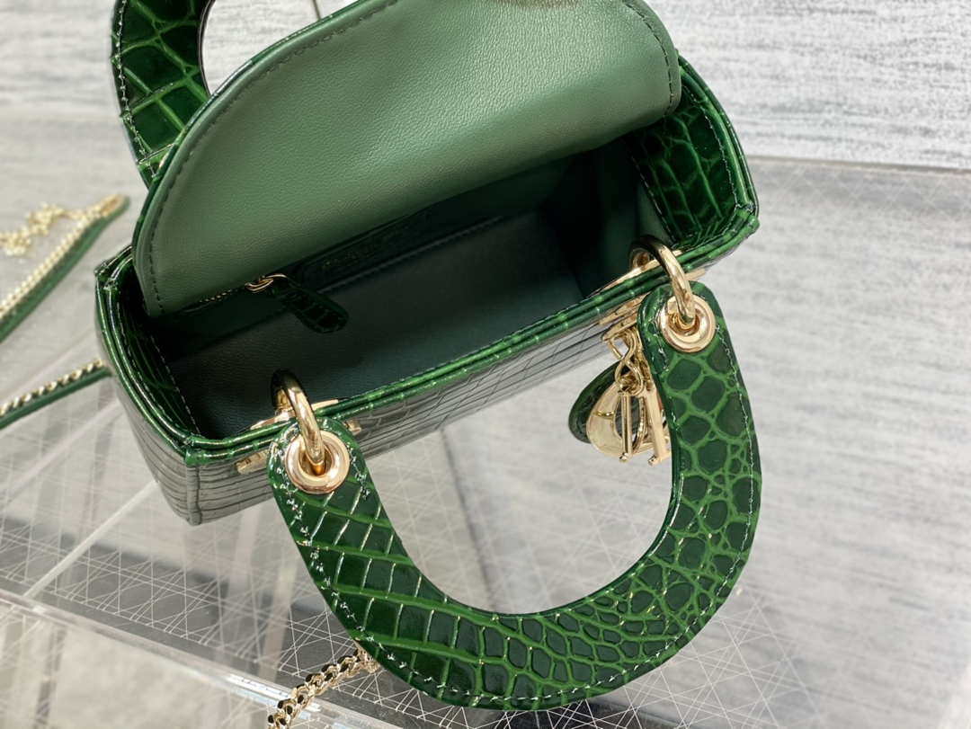 Dior M0505 Mini Dior Lady Bag Green Cannage Crocodile Gold