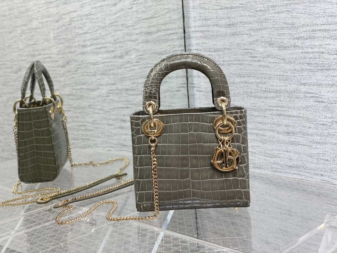 Dior M0505 Mini Dior Lady Bag Kaki Cannage Crocodile Gold - Default Title - View 1