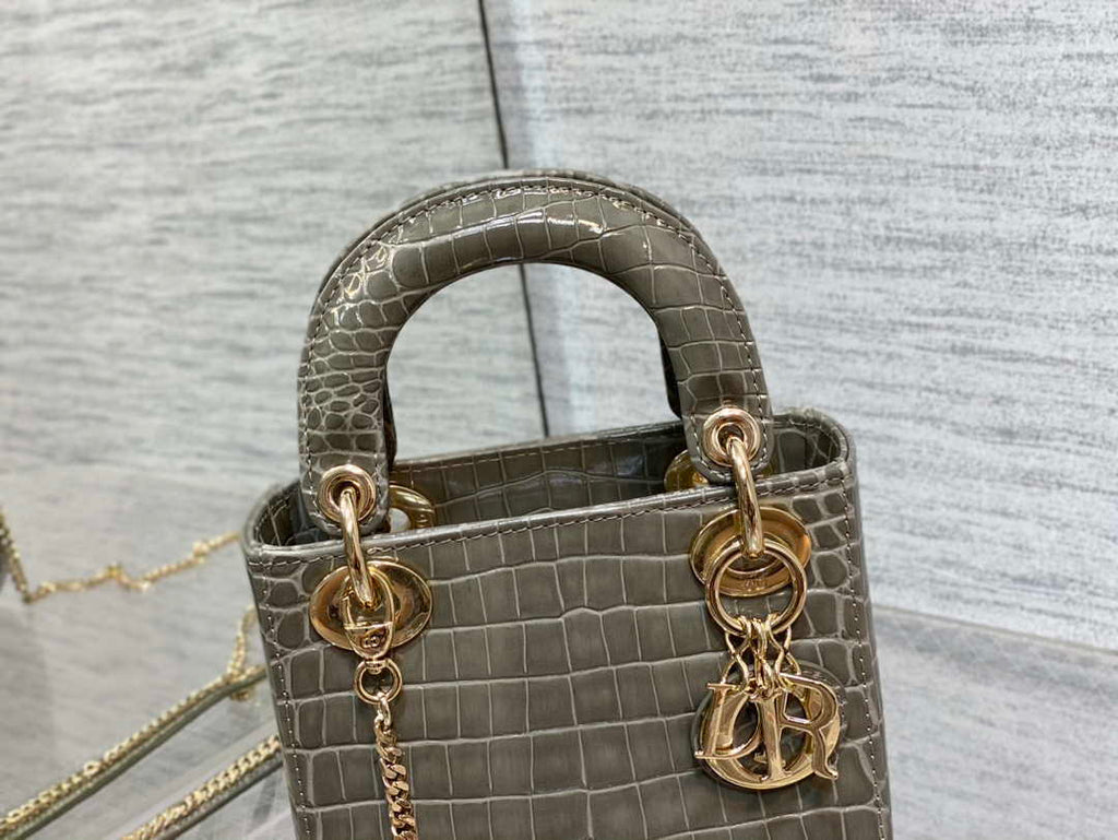 Dior M0505 Mini Dior Lady Bag Kaki Cannage Crocodile Gold