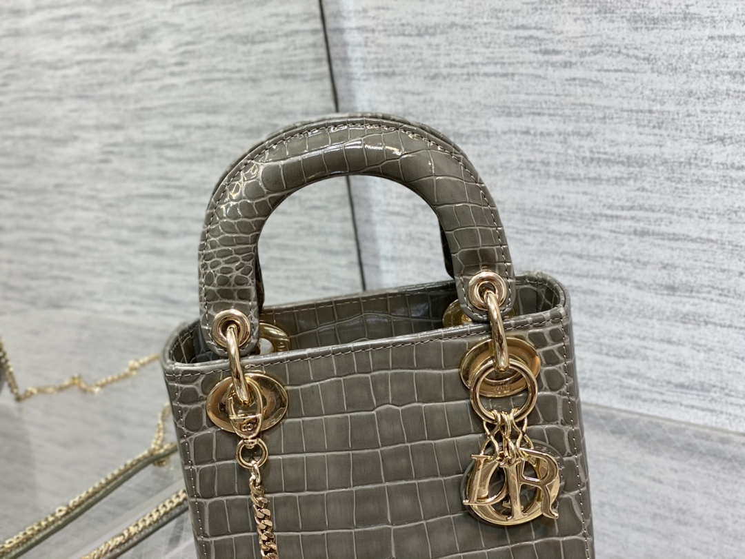 Dior M0505 Mini Dior Lady Bag Kaki Cannage Crocodile Gold
