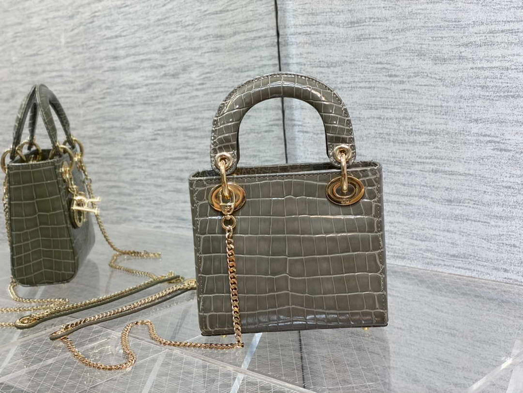 Dior M0505 Mini Dior Lady Bag Kaki Cannage Crocodile Gold