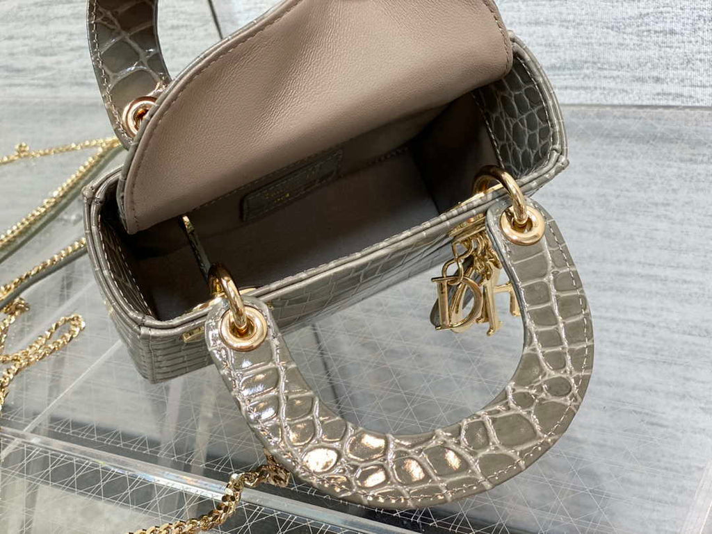 Dior M0505 Mini Dior Lady Bag Kaki Cannage Crocodile Gold