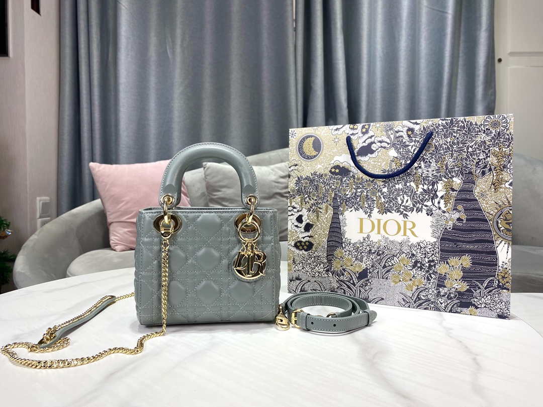Dior M0505 Mini Dior Lady Bag Light Blue Cannage lambskin Gold - Default Title - View 1