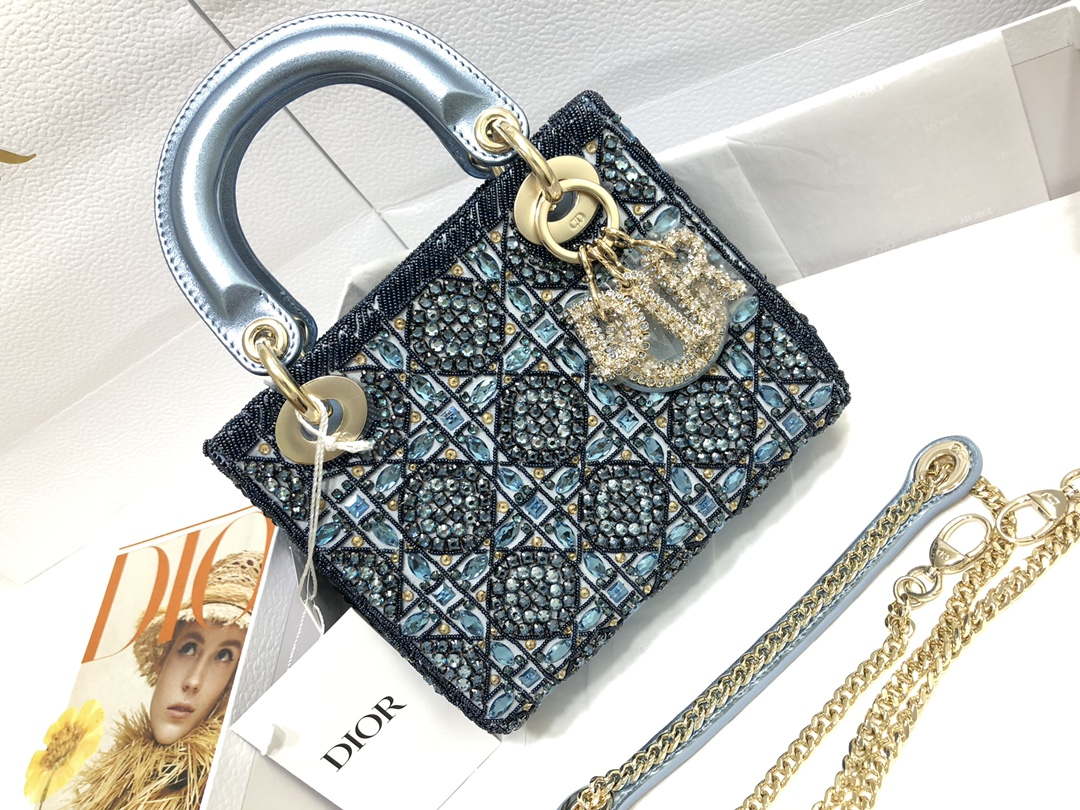 Dior M0505 Mini Dior Lady Bag Metallic Calfskin and Satin with Celestial Blue Bead Embroidery - Default Title - View 1