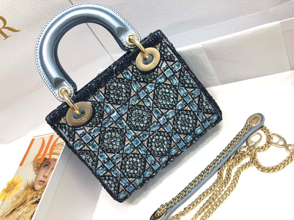 Dior M0505 Mini Dior Lady Bag Metallic Calfskin and Satin with Celestial Blue Bead Embroidery