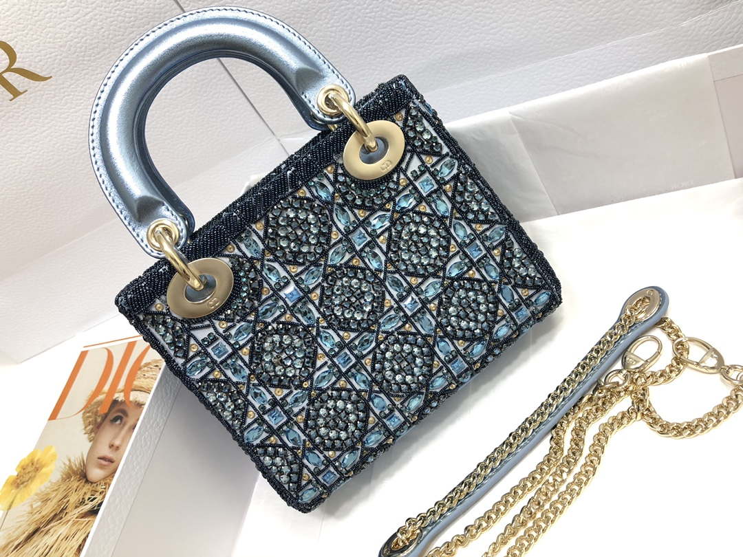 Dior M0505 Mini Dior Lady Bag Metallic Calfskin and Satin with Celestial Blue Bead Embroidery - Default Title - View 2