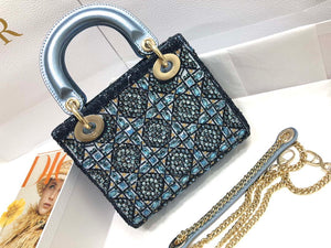 Dior M0505 Mini Dior Lady Bag Metallic Calfskin and Satin with Celestial Blue Bead Embroidery - Default Title - View 2