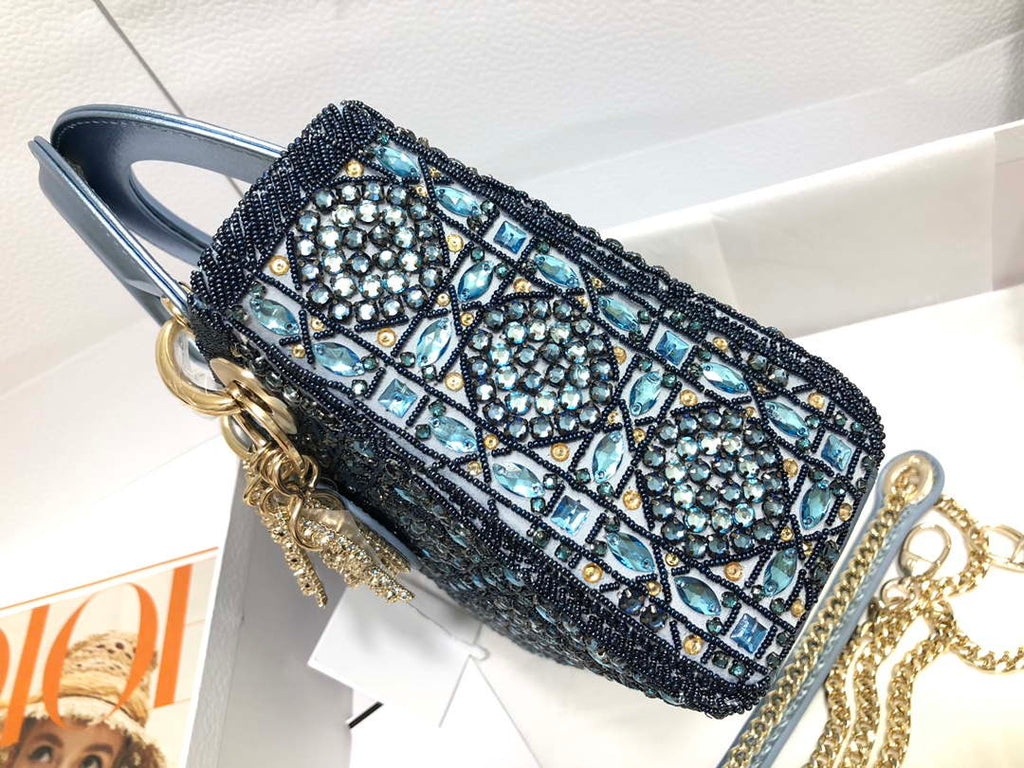 Dior M0505 Mini Dior Lady Bag Metallic Calfskin and Satin with Celestial Blue Bead Embroidery