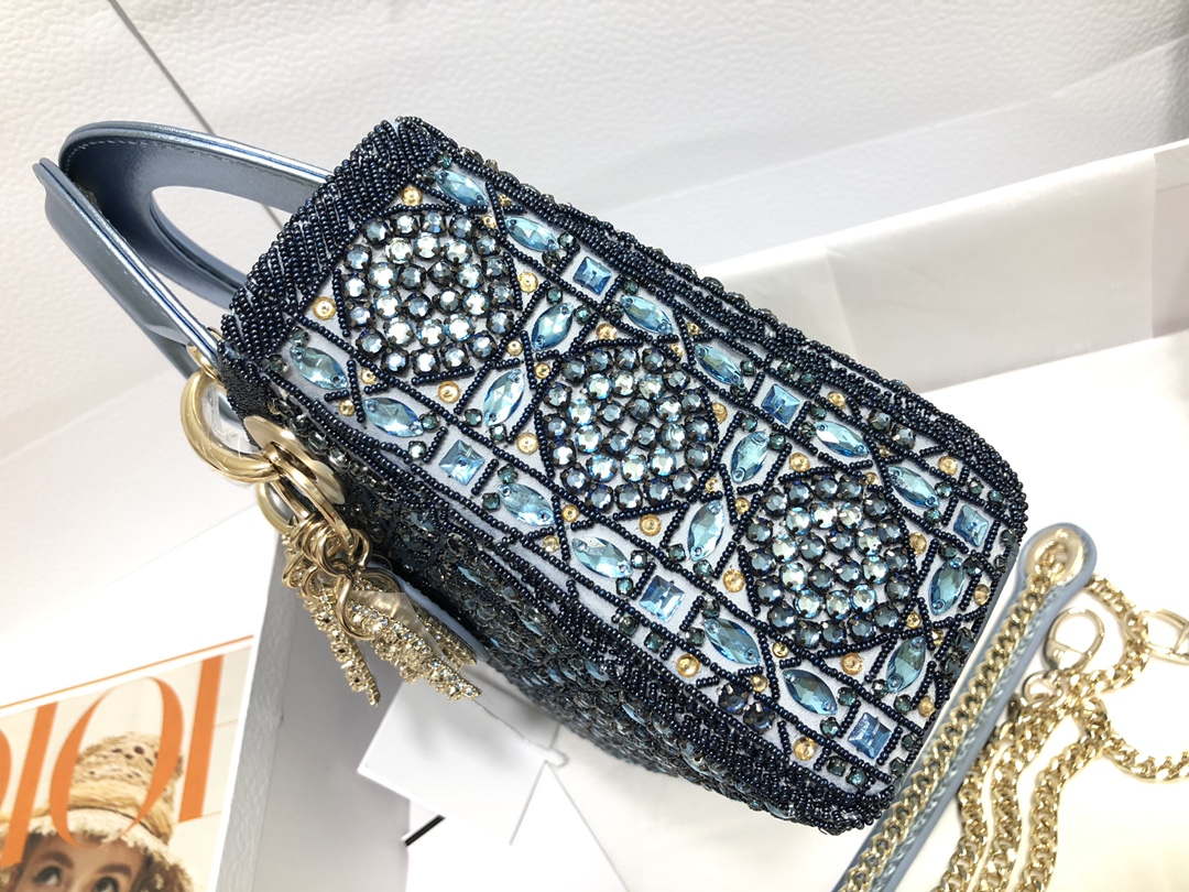 Dior M0505 Mini Dior Lady Bag Metallic Calfskin and Satin with Celestial Blue Bead Embroidery