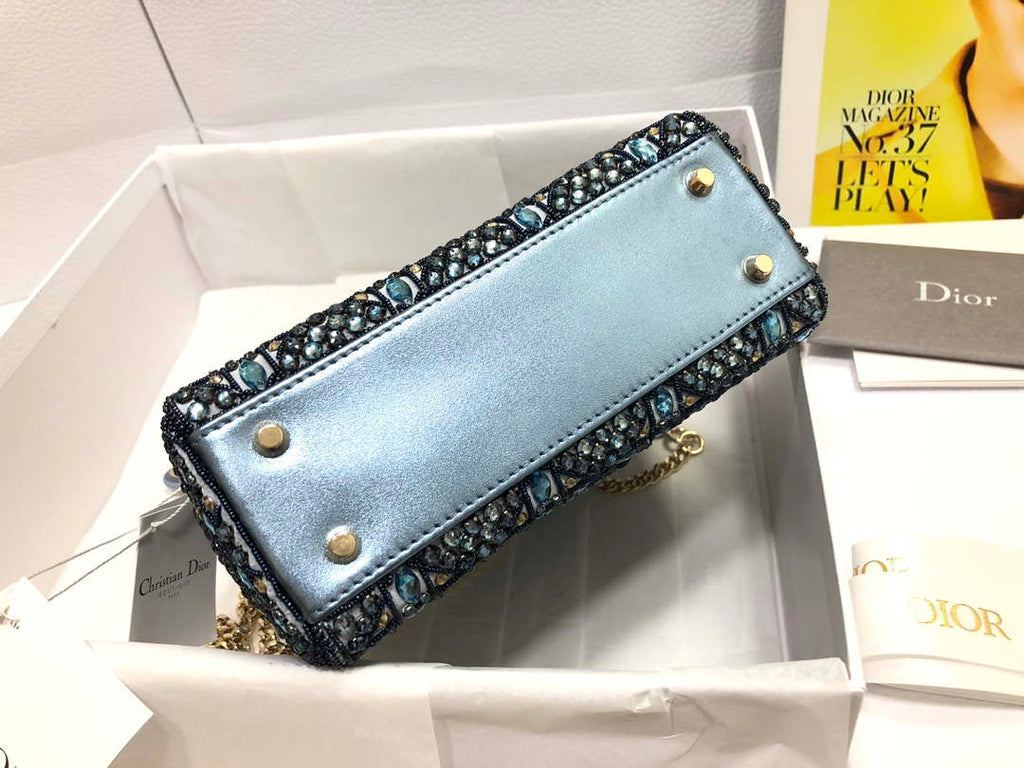 Dior M0505 Mini Dior Lady Bag Metallic Calfskin and Satin with Celestial Blue Bead Embroidery