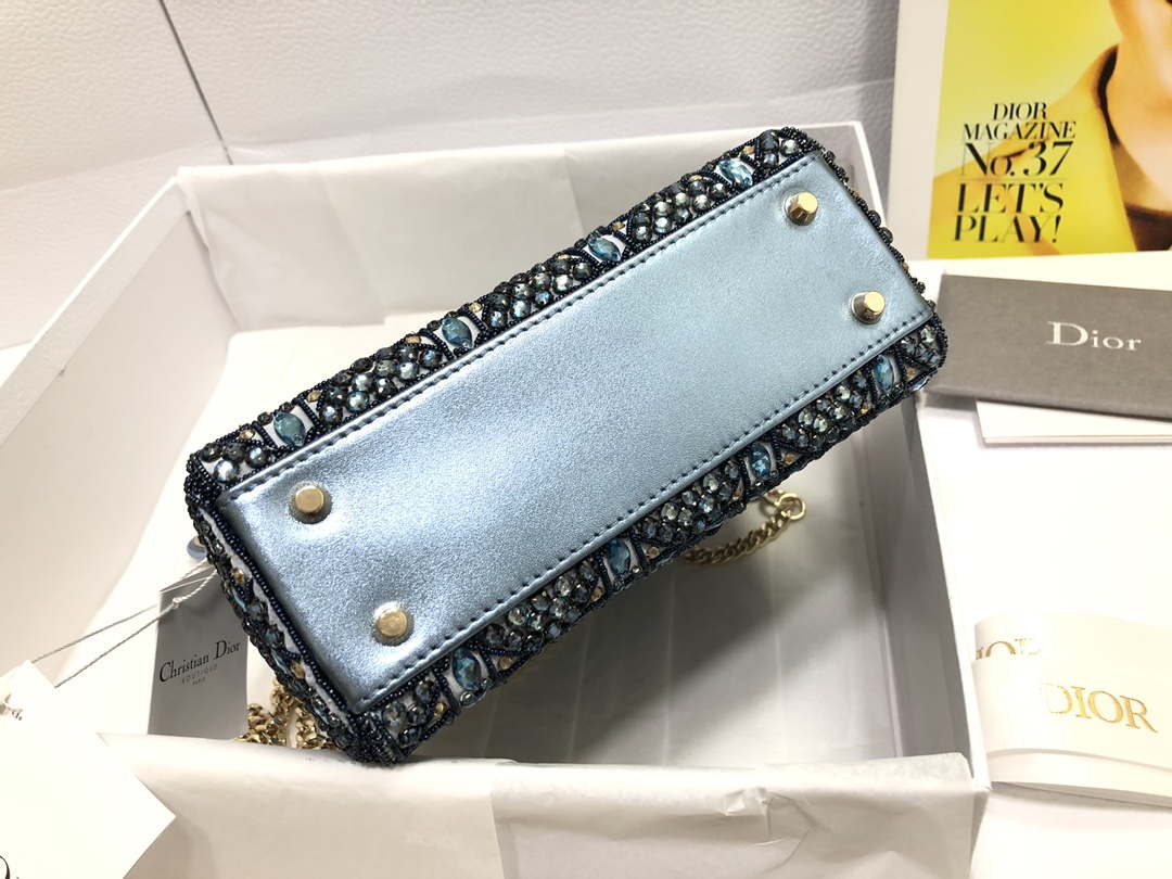 Dior M0505 Mini Dior Lady Bag Metallic Calfskin and Satin with Celestial Blue Bead Embroidery - Default Title - View 4
