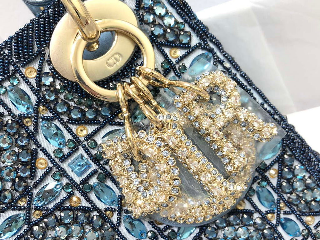 Dior M0505 Mini Dior Lady Bag Metallic Calfskin and Satin with Celestial Blue Bead Embroidery